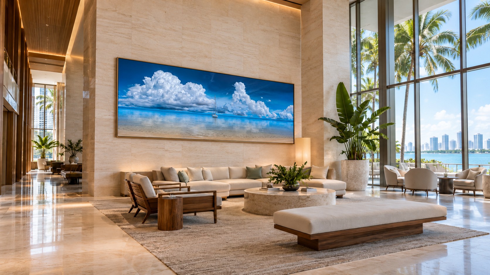 Illustrative hotel lobby with framed landscape fine art photography